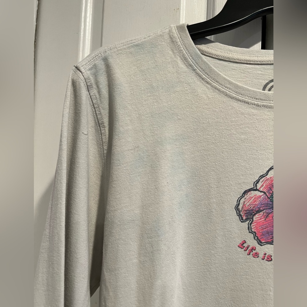 LIFE IS GOOD 🌺Relaxed Fit, Long Sleeve, Taupe , Crewneck Shirt, Pink 🌺Hibiacus - Picture 7 of 7